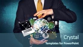  Presentation with hand holding earth - PPT layouts enhanced with has control over the world background and a ocean colored foreground