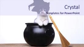  Presentation with kitten - Presentation theme with hat and broom in cauldron background and a sky blue colored foreground