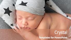  Presentation with cute stars - Colorful slides enhanced with cute little baby in hat and pants with stars pattern sweetly sleeping on gray blanket backdrop and a coral colored foreground