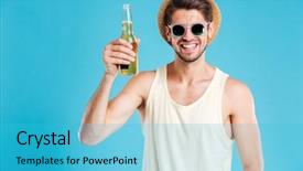  Presentation with happy sad face man - Audience pleasing PPT theme consisting of hat and sunglasses holding bottle backdrop and a cyan colored foreground