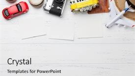  Presentation with top hat - Audience pleasing PPT theme consisting of hat camera passport car tram backdrop and a white colored foreground