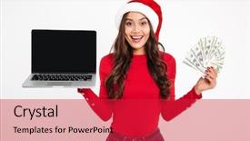  Presentation with laptop blank screen - Cool new presentation with hat holding bunch of money backdrop and a red colored foreground