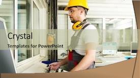  Presentation with safety precautions - Colorful slide set enhanced with hat in a factory control backdrop and a mint green colored foreground