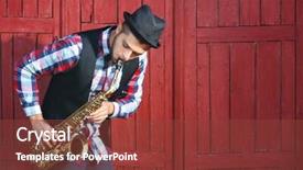  Presentation with role play woman and man - Cool new slide deck with hat plays music on sax backdrop and a  colored foreground