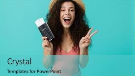  Presentation with arabian woman wearing hijab muslim - Presentation design having hat rejoicing while holding passport background and a seafoam green colored foreground