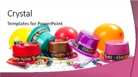  Presentation with new year streamer - Colorful slides enhanced with hats noise makers streamers balloons backdrop and a white colored foreground