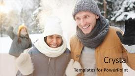  Presentation with multi ethnic group - Slide deck consisting of hats protecting from snow thrown background and a coral colored foreground