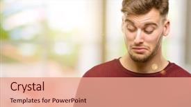  Presentation with look - Cool new PPT theme with haughtiness - handsome young man having skeptical backdrop and a coral colored foreground