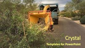  Presentation with chainsaw - Cool new PPT theme with hauling - landscapers using chipper machine backdrop and a tawny brown colored foreground