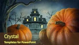  Presentation with house forest - Amazing PPT theme having haunted house - halloween pumpkins in the forest backdrop and a tawny brown colored foreground