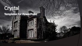  Presentation with haunted building - Colorful PPT theme enhanced with haunted house - old hunted building at midnight backdrop and a dark gray colored foreground