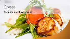  Presentation with haute cuisine - Audience pleasing slides consisting of haute cuisine gourmet food scallops with vegetables and salad backdrop and a white colored foreground