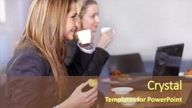  Presentation with conference table microphones - Colorful slide set enhanced with 2 people having coffee - two businesswoman sitting at conference backdrop and a tawny brown colored foreground