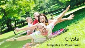  Presentation with young happy couple - Theme with have fun at beautiful park background and a  colored foreground