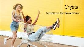  Presentation with shopping trolley - Beautiful theme featuring image of young smiling women friends over yellow wall have fun with shopping trolley backdrop and a yellow colored foreground
