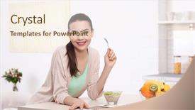 Presentation with breakfast - Colorful presentation theme enhanced with have this fruit - beautiful young woman having breakfast backdrop and a cream colored foreground