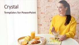  Presentation with temple breakfast - Cool new slide set with have this fruit - beautiful young woman having breakfast backdrop and a sky blue colored foreground