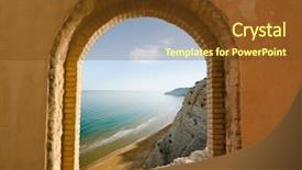  Presentation with coastal - Amazing PPT theme having haven - arched window on the coastal backdrop and a tawny brown colored foreground