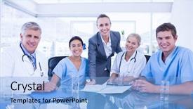  Presentation with team meeting - Beautiful slide set featuring having a meeting in medical backdrop and a light blue colored foreground