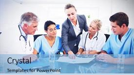  Presentation with team meeting - Slides with having a meeting in medical background and a light blue colored foreground