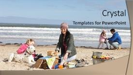  Presentation with winter family - Beautiful PPT theme featuring having barbeque on winter beach backdrop and a light blue colored foreground
