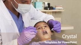  Presentation with group of three young girl - PPT theme featuring having check up at dentist background and a coral colored foreground