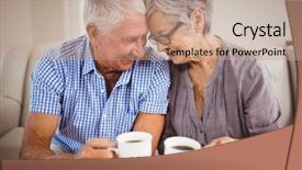  Presentation with senior living - Slide deck featuring having coffee in living background and a coral colored foreground