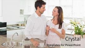  Presentation with young happy couple - Presentation theme with having coffee in the kitchen background and a coral colored foreground
