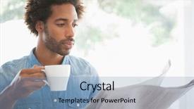  Presentation with coffee shop - Presentation theme having having coffee while reading newspaper background and a light blue colored foreground