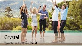  Presentation with happy holiday - Beautiful PPT layouts featuring having drinks at swimming pool backdrop and a coral colored foreground