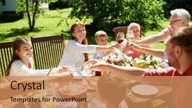  Presentation with summer party - Beautiful slides featuring having festive dinner or summer backdrop and a coral colored foreground