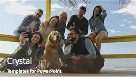  Presentation with community service happy volunteer group - PPT theme featuring having fun and drinking beer background and a tawny brown colored foreground