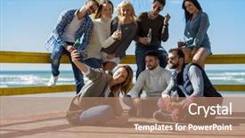  Presentation with community service happy volunteer group - Presentation design with having fun and drinking beer background and a  colored foreground