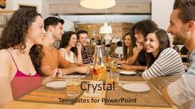  Presentation with multi ethnic group - Slide deck with having fun at the restaurant background and a gold colored foreground