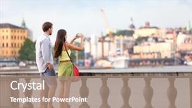  Presentation with travel and tourism - Presentation consisting of europe travel tourist people taking pictures tourists couple in stockholm taking smartphone photos having fun enjoying skyline view and river by stockholm's city hall sweden background and a coral colored foreground