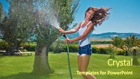  Presentation with beautiful young woman getting face - Cool new slide deck with having fun in summer garden backdrop and a tawny brown colored foreground