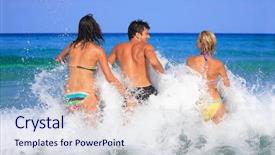  Presentation with group of people praying to god - Slide deck consisting of having fun in the sea background and a  colored foreground