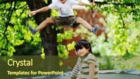  Presentation with kids jumping and lifting hand - Presentation design featuring having fun jumping on trampoline background and a tawny brown colored foreground