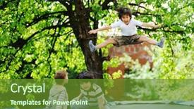  Presentation with cheerful - Beautiful PPT theme featuring having fun jumping on trampoline backdrop and a tawny brown colored foreground