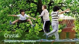  Presentation with kids jumping and lifting hand - PPT theme having having fun jumping on trampoline background and a tawny brown colored foreground