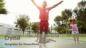  Presentation with school children - Beautiful slides featuring having fun on outdoor trampoline backdrop and a mint green colored foreground