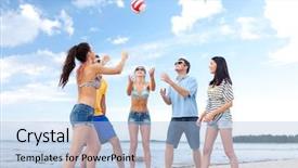  Presentation with happy holidays - Amazing PPT theme having having fun on the beach backdrop and a light blue colored foreground