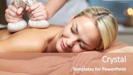  Presentation with young healthy people - Presentation theme having having herbal bag massage background and a coral colored foreground