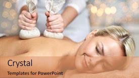  Presentation with young healthy people - Slide deck consisting of having herbal bag massage background and a coral colored foreground