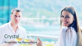  Presentation with young happy couple - Slide set enhanced with having lanch at beautiful restaurant background and a sky blue colored foreground