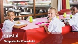  Presentation with school cafeteria - Amazing PPT theme having having lunch during break time backdrop and a crimson colored foreground