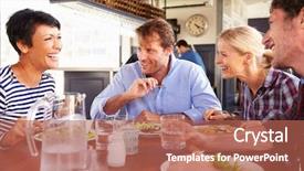  Presentation with lunch club - PPT theme having having lunch in a restaurant background and a coral colored foreground