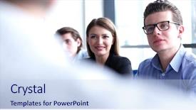  Presentation with business casual - PPT theme featuring having meeting in corporate enviroment background and a sky blue colored foreground