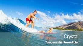  Presentation with surfing - Audience pleasing PPT layouts consisting of hawaii - father and son surfing together backdrop and a teal colored foreground