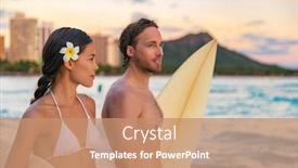  Presentation with honolulu hawaii waikiki beach - Beautiful PPT theme featuring hawaii-beach-couple-tourists-surfing backdrop and a coral colored foreground